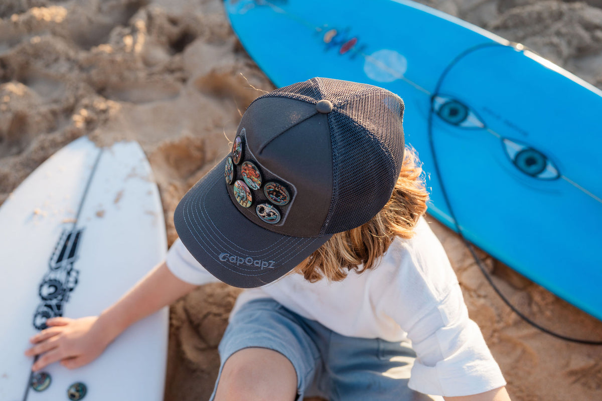 CapCapz Trucker Cap Bundle – Charcoal + 6 Mystery Patches